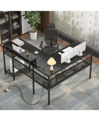 55.5'' Reversible L-shaped Desk with Power Outlets and RGB LED Lights, Computer Table with CPU Stand and Monitor Stand