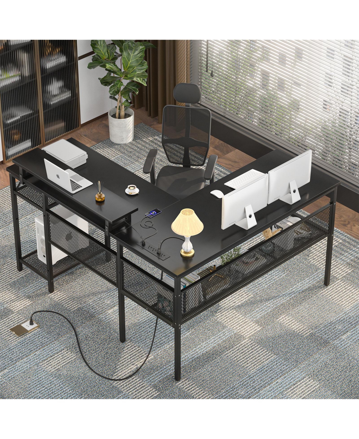 55.5'' Reversible L-shaped Desk with Power Outlets and Rgb Led Lights, Computer Table with Cpu Stand and Monitor Stand
