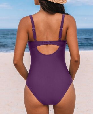 Women's V Neck Cutout Ruched Mesh One Piece Swimsuit