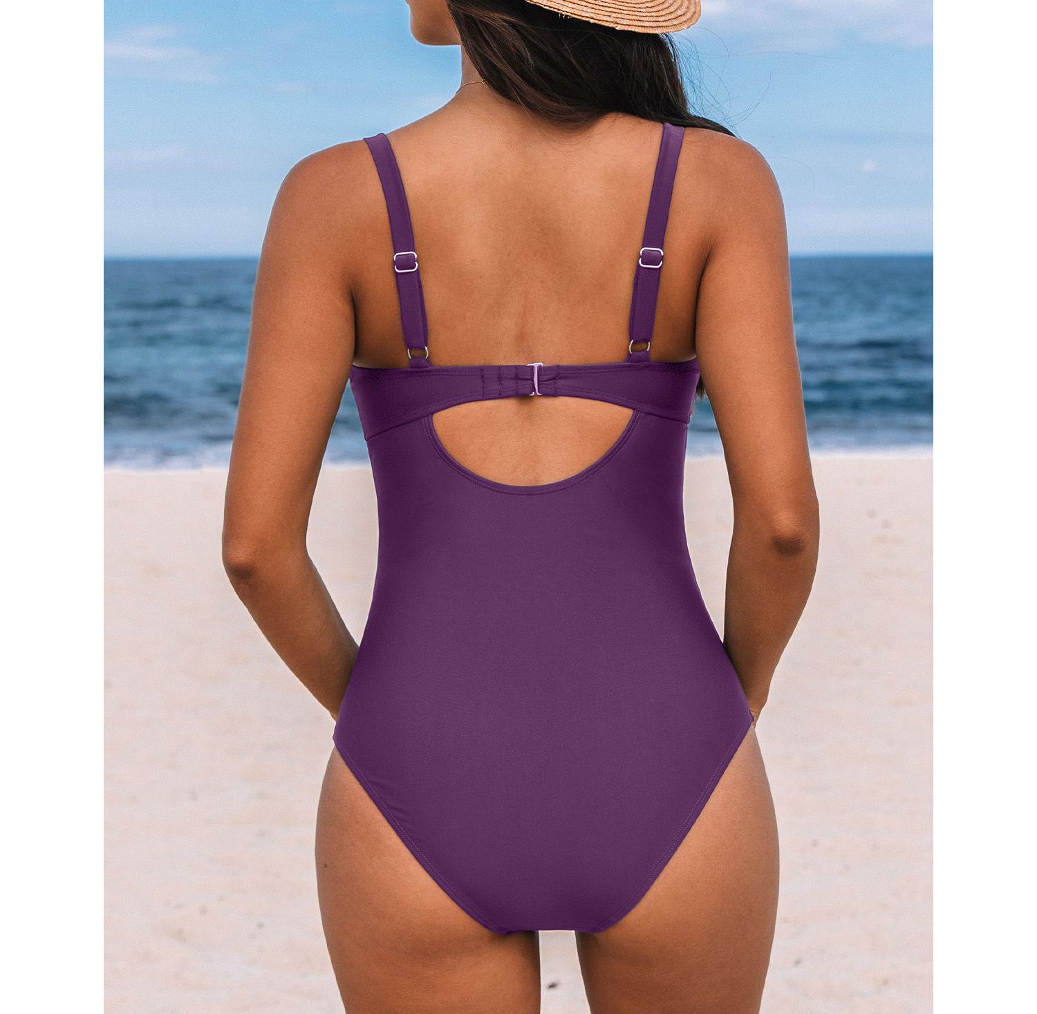 Women's V Neck Cutout Ruched Mesh One Piece Swimsuit