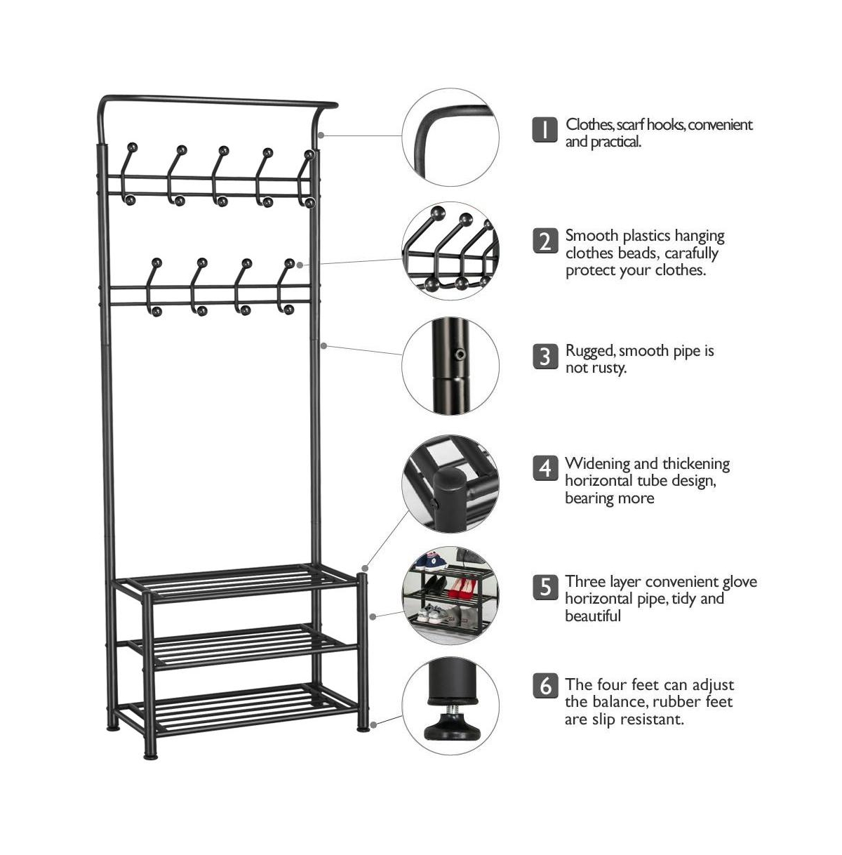 74” H Metal Hall Tree with Shoe Storage Entryway Coat Rack
