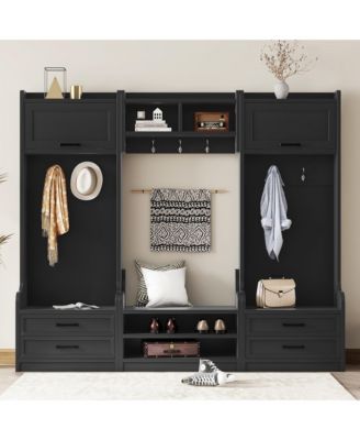 4-in-1 Detachable Hall Tree with Storage and 7 Hooks, Multiple Functions Hallway Coat Rack with Storage Drawers and Cabinet, Shoe Bench