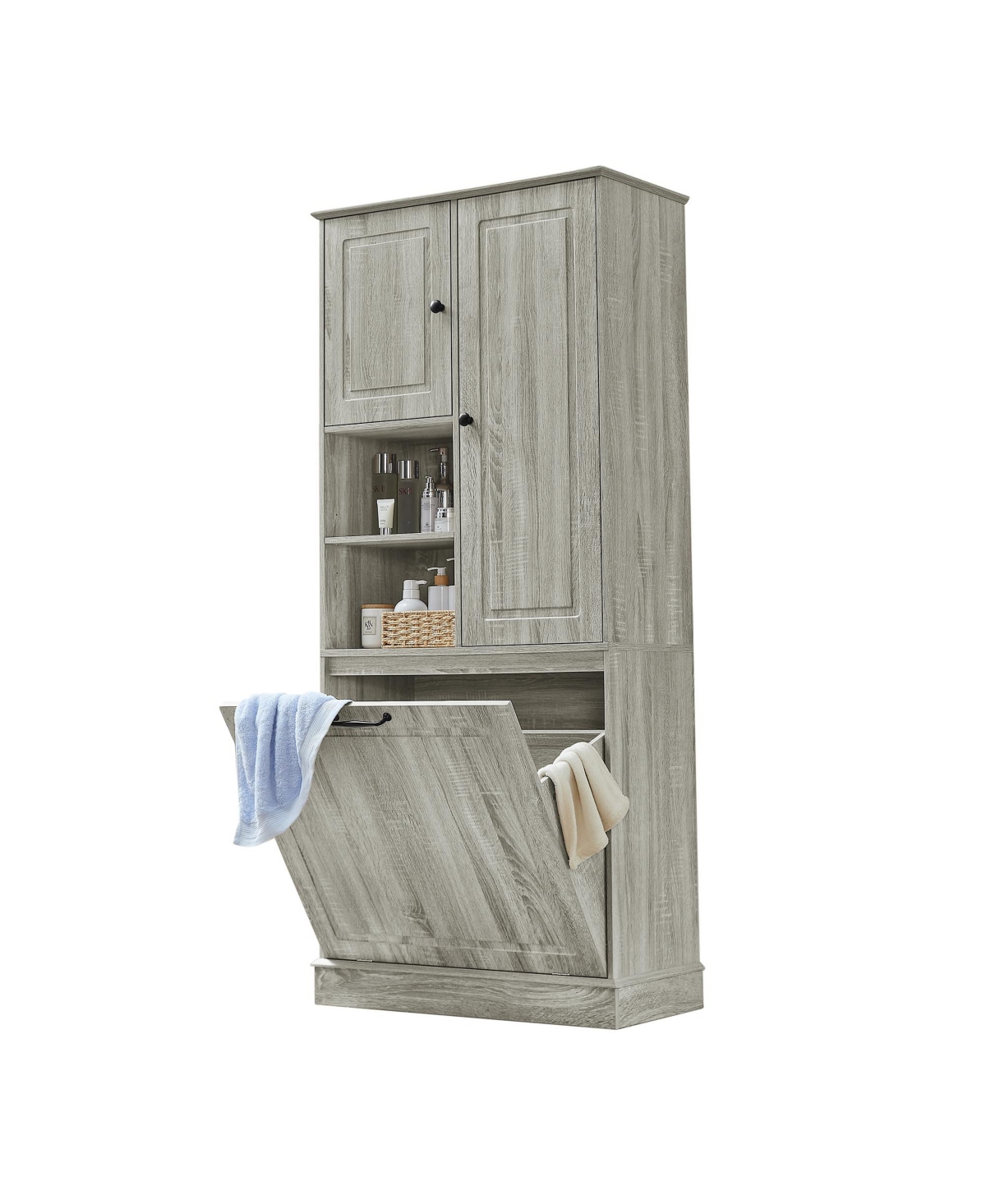 Casainc Tall Storage Cabinet with Adjustable Shelves, Flip-Out Basket and Enclosed Cabinets