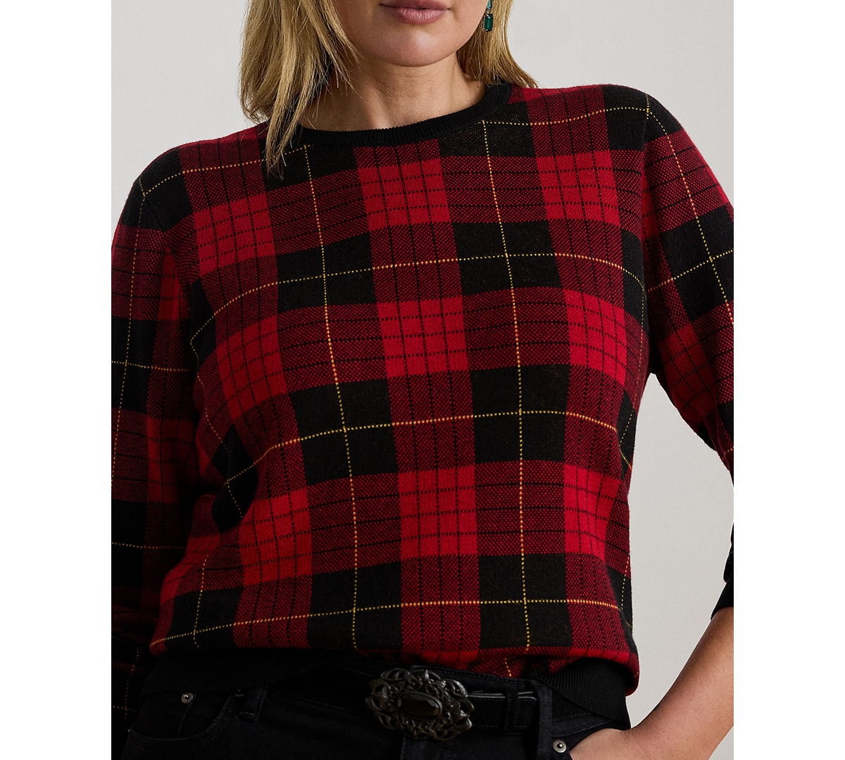 Ralph Lauren Plus Size Plaid Crew Neck Sweater In Red