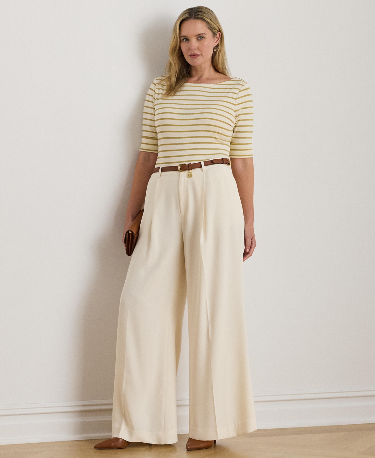 Ralph Lauren Plus Size Metallic Striped Boat Neck T-shirt In Neutral