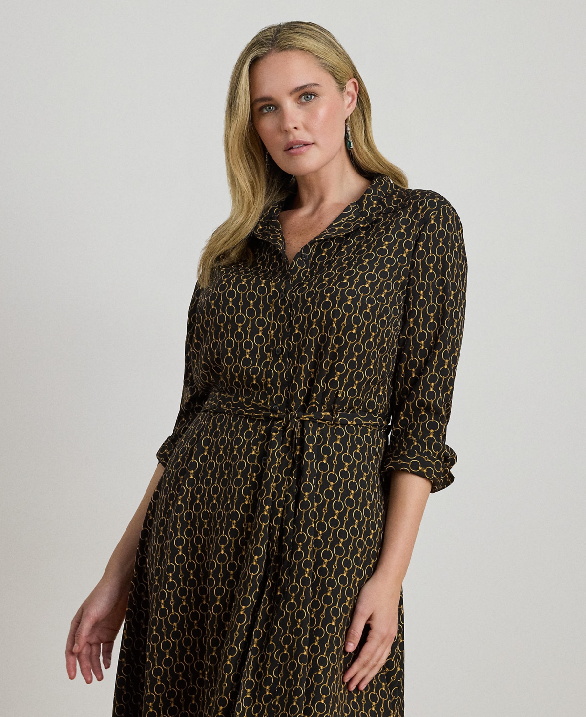 Ralph Lauren Plus Size Chain-print Crepe Shirt-dress In Black