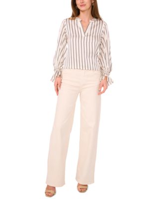 Women's Split Neck Long Sleeve Top with Smocked Cuff