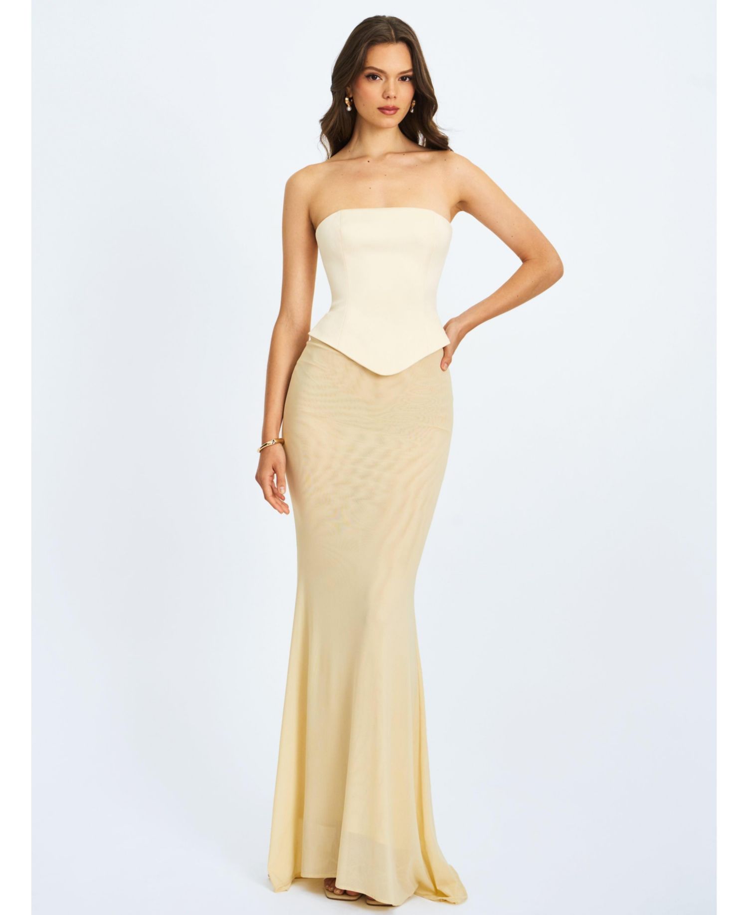 Women's Adelina Butter Yellow Peplum Mermaid Gown with Lace-up Back