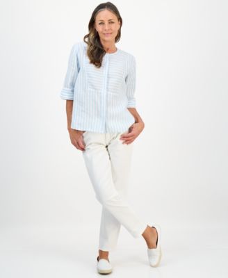 Petite Linen Striped 3/4-Sleeve Shirt, Macy's Exclusive