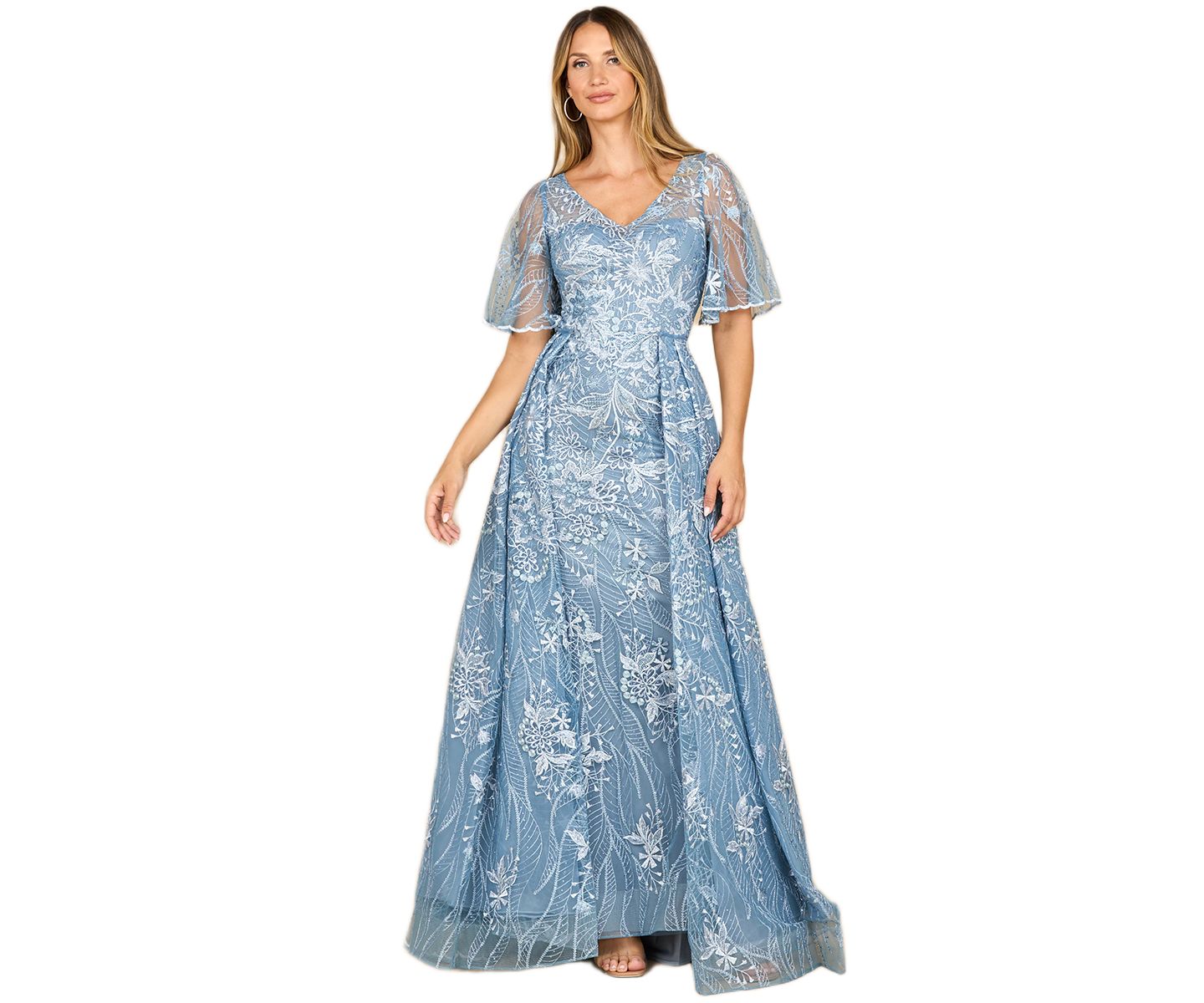 Женское платье Lara Overskirt Lace Fitted V-Neck Gown with Cape Sleeves, цвет: Синий — фото 1