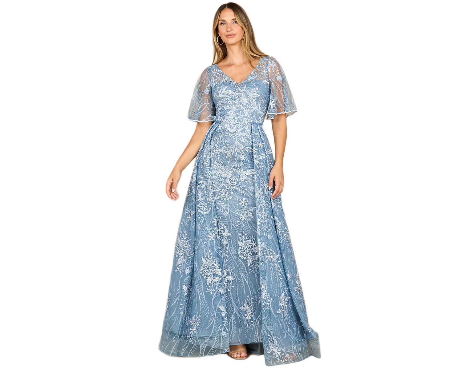 Women's Overskirt Lace Fitted V-Neck Gown with Cape Sleeves