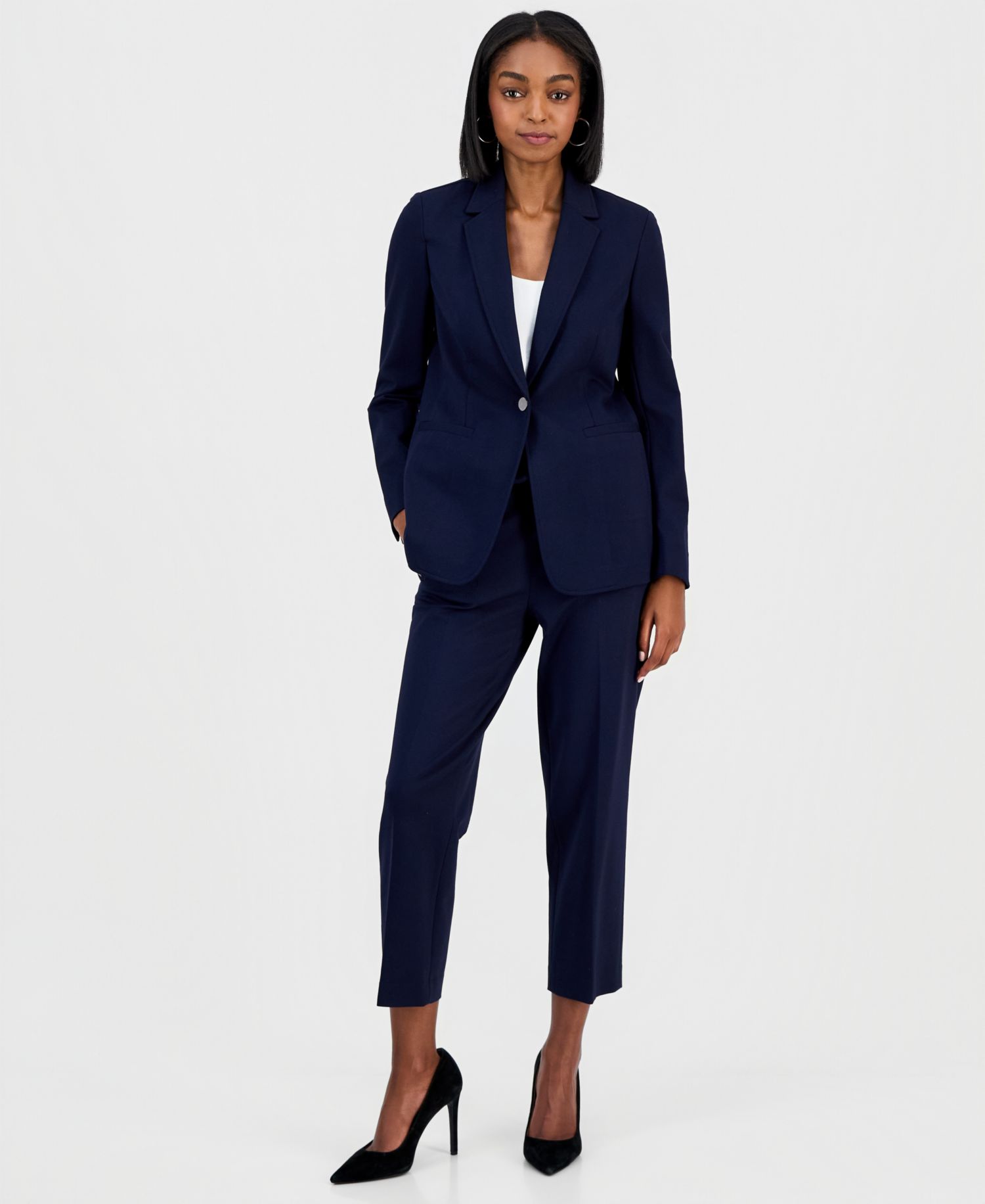 Women's Compression Notch-Collar Single Button Blazer, Scoop-Neck Camisole & Compression Tie Front Capris Pants