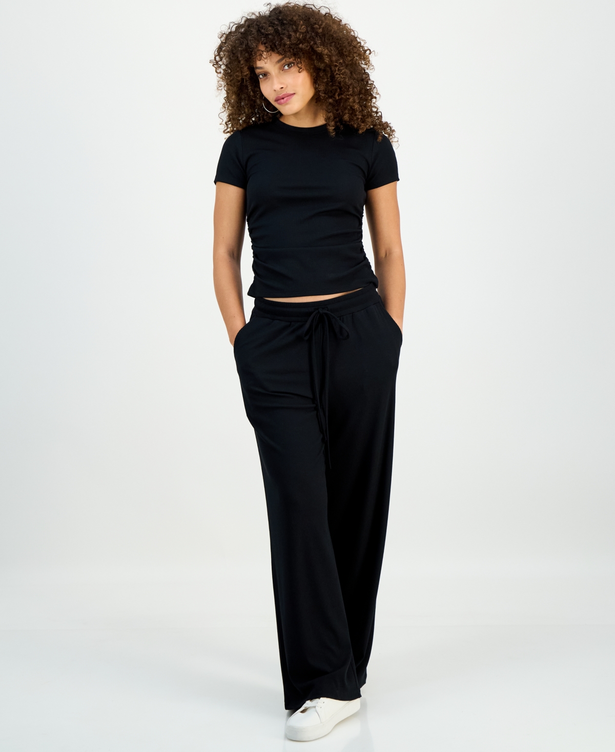 Inc International Concepts Petite Ribbed Knit High Rise Wide-leg Pants, Macy's Exclusive In Black