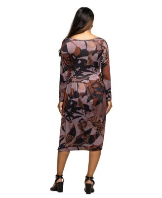 Maternity Long Sleeve Midi Dress Brown Floral Print