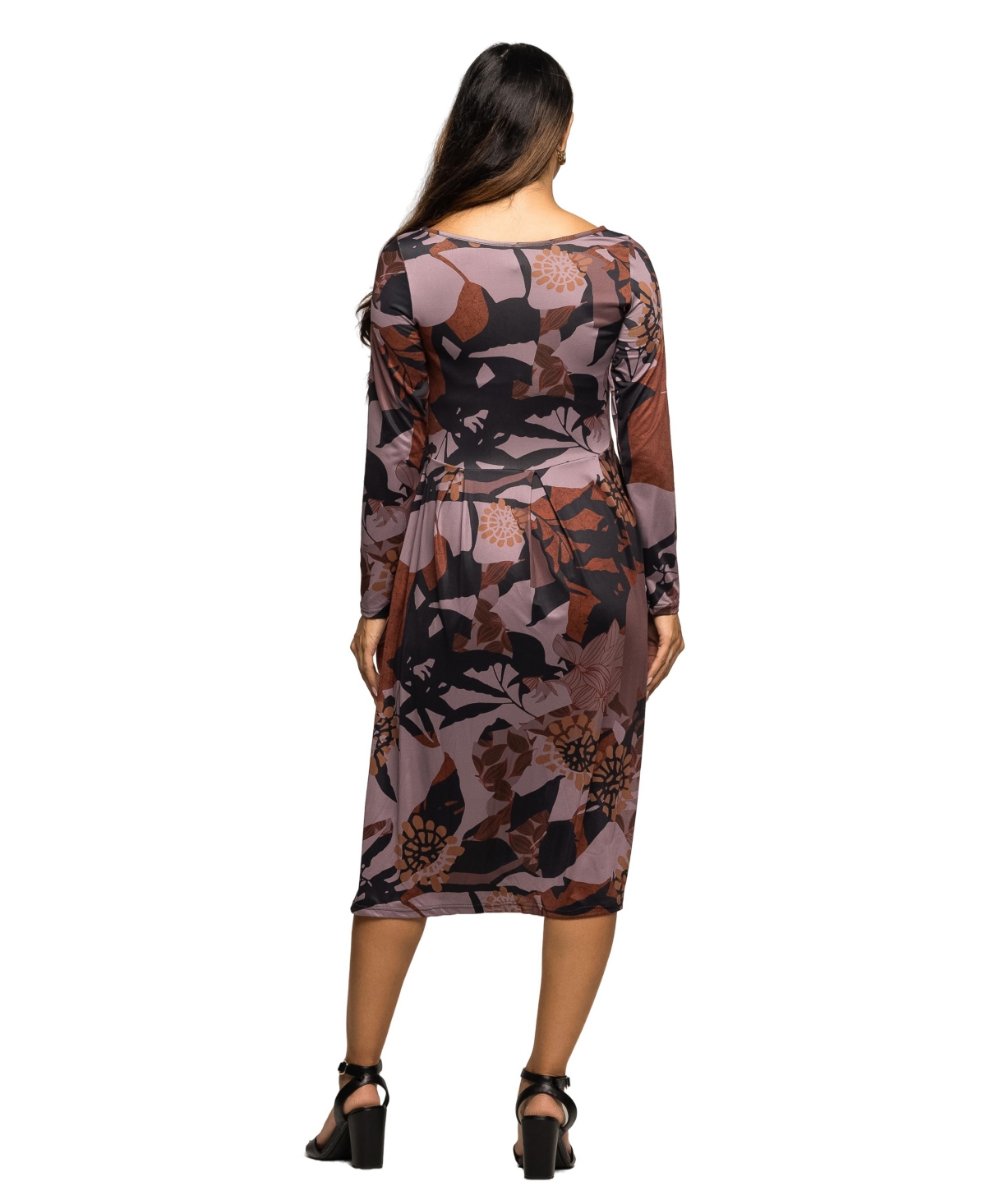 24seven Comfort Apparel Maternity Long Sleeve Midi Dress Brown Floral Print In Purple