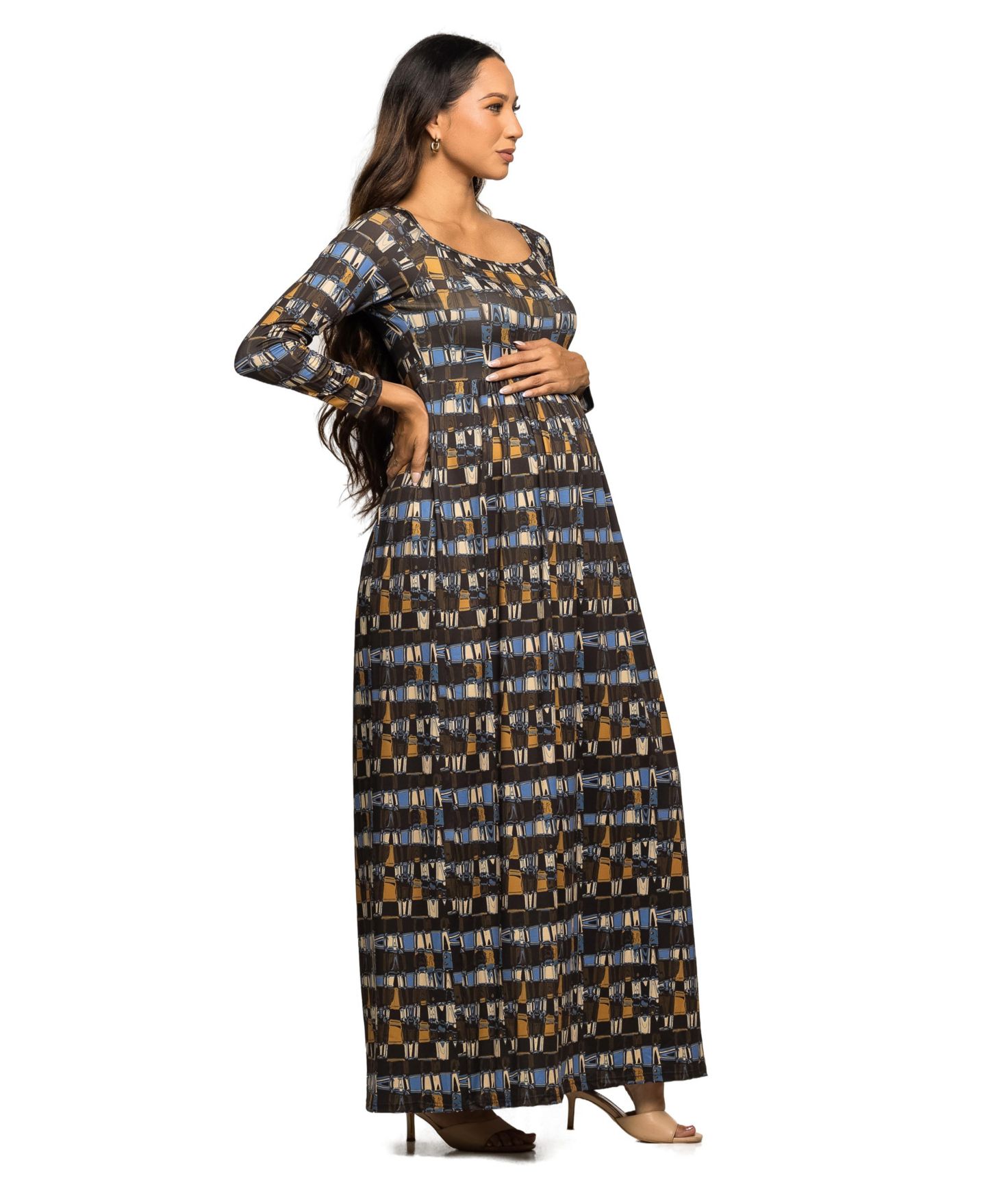 Женское платье 24seven Comfort Apparel Maternity Long Sleeve Empire Waist Maxi, цвет: Коричневый разноцветный — фото 2