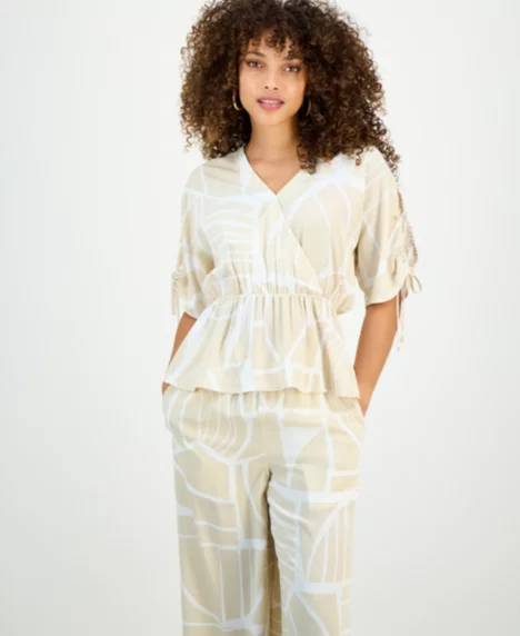 Petite Printed Surplice Peplum Top - Fae Geo Neutral