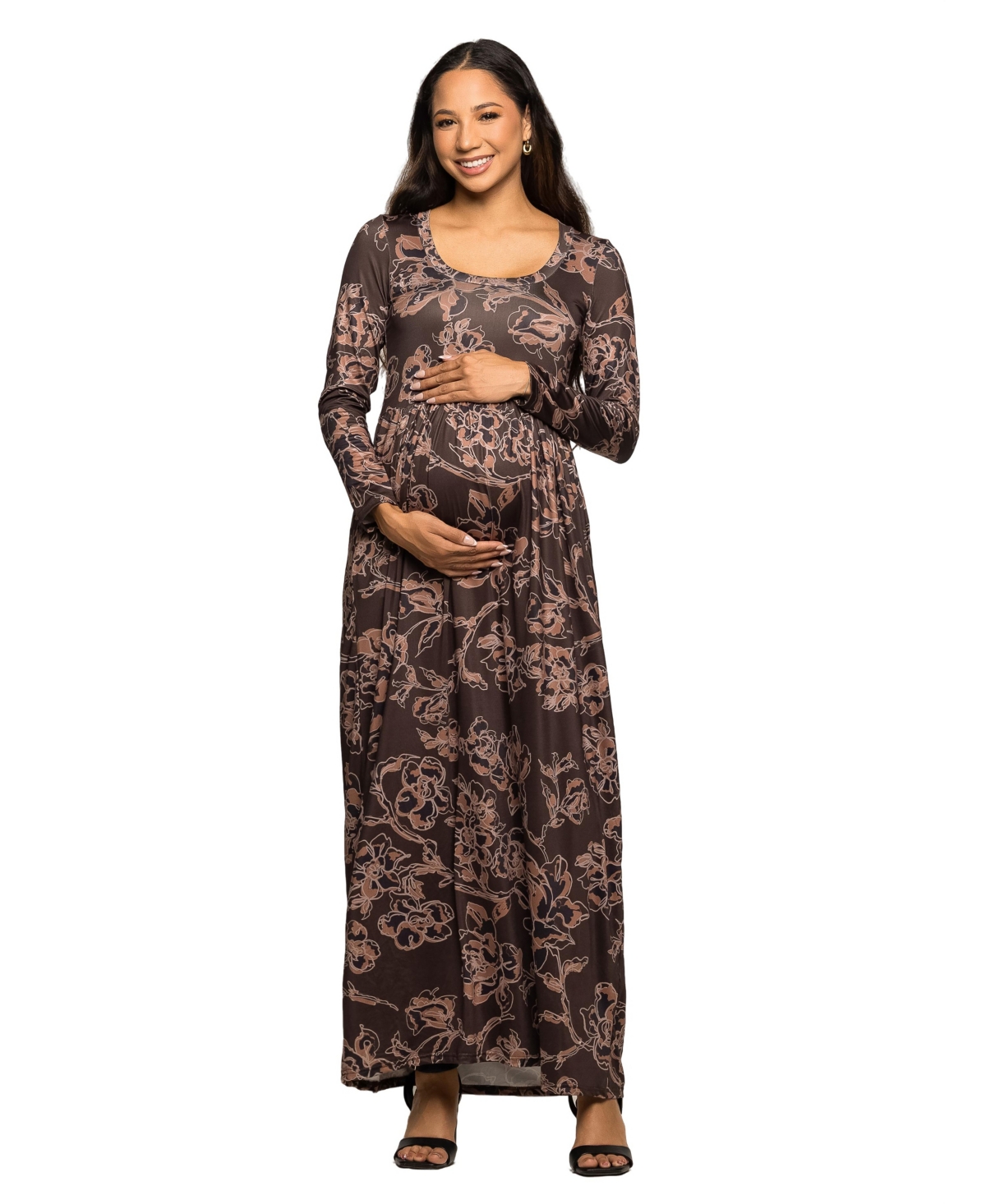 24seven Comfort Apparel Floral Long Sleeve Scoop Neck Maxi Dress In Brown
