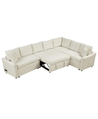 124.8'' L-Shaped Pull Out Sleeper Sofa Bed with USB Ports & Power Outlets, Convertible Sectional Couch for Living Room