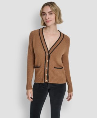Women's Long Sleeve Tipped V-Neck Cardigan Sweater