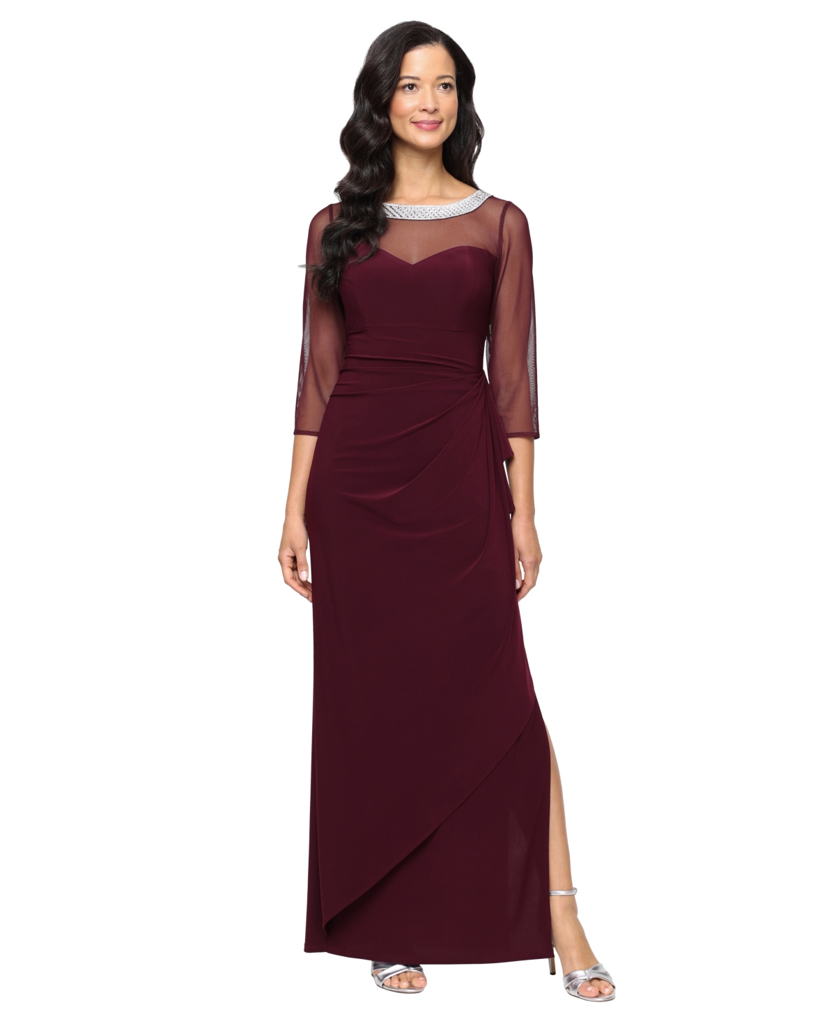 Alex Evenings Women's Embellished-neck Side-ruched Illusion Dress In Purple
