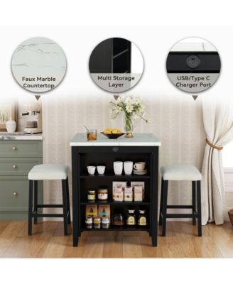 3-Piece Bar Table and Chairs Set Lvory Tall Dining Table with USB and Upholstered Bar Stool for Living Room Kitchen