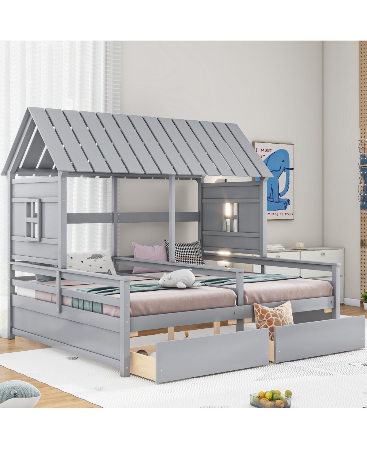 Twin House Platform Beds with Two Drawers for Boy and Girl Shared Beds, Combination of 2 Side by