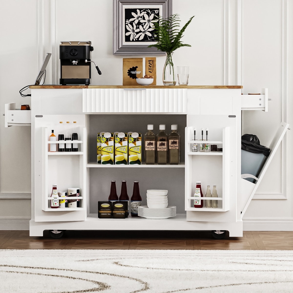 sumyeg Fluted Kitchen Island with Trash Can Cabinet, Power Outlet, 3 Drawers, Open Racks, Fits 10 Gallon Bin, Wheels