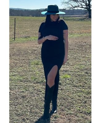 Black Mock Neck Front Slit Short Sleeve Maternity Maxi Dress 