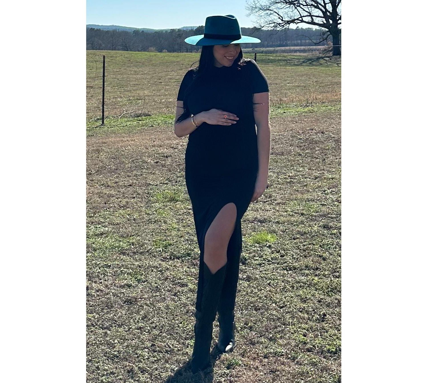 Women's Black Mock Neck Front Slit Short Sleeve Maxi Dress