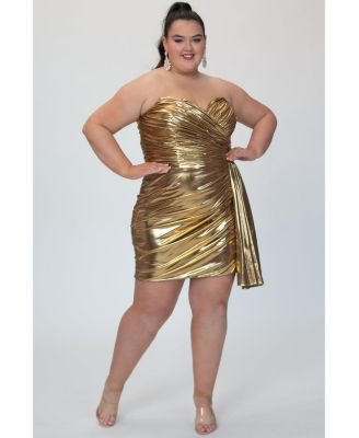 Women's Metallic Gold Strapless Short Party Dress with Drape Flyaway