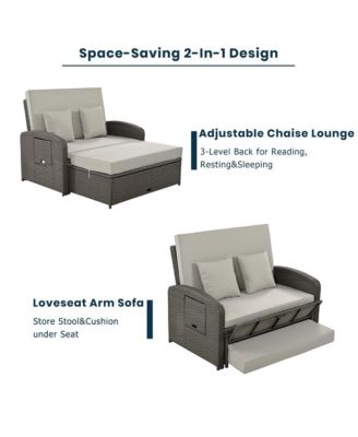 Double Reclining Rattan Chaise Lounge - Gray