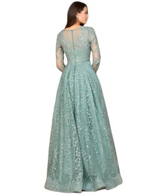 Women's Long Sleeve Gown with Overskirt & Illusion Neckline