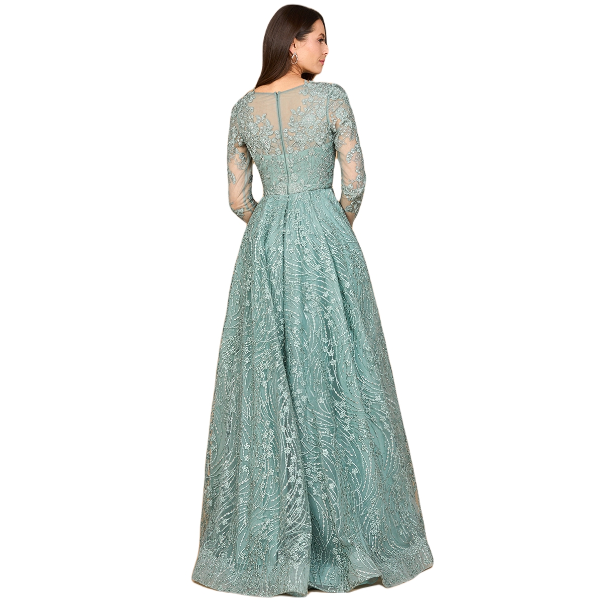 Lara Women's Long Sleeve Gown with Overskirt & Illusion Neckline