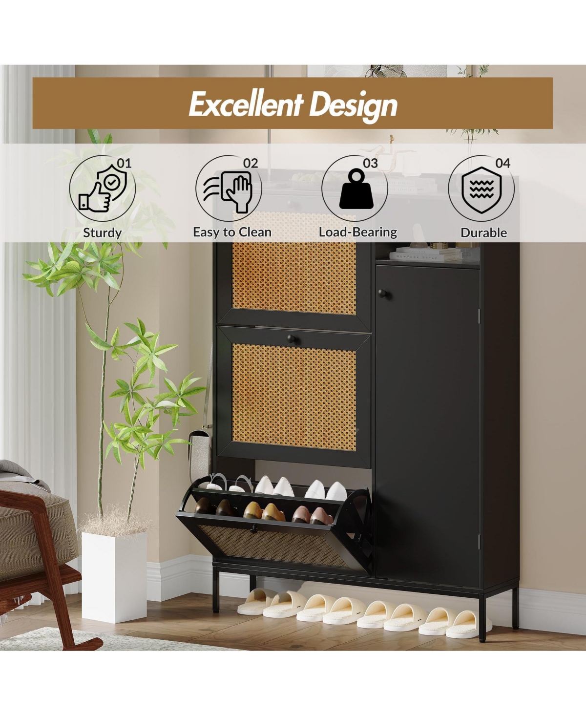 Shoe Cabinet with 3 Flip Drawers, Rattan Freestanding Organizer Adjustable Shelves,for Entryway Hallway, Easy Assembly