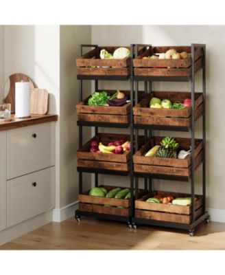 4-Tier Wooden Kitchen Cart with Wheels, Mobile Fruit and Vegetable Storage, Utility Shelf