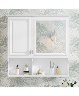 30'' Mirror Medicine Cabinet with Open Shelves, Doors & Adjustable Shelf for Bathroom Storage