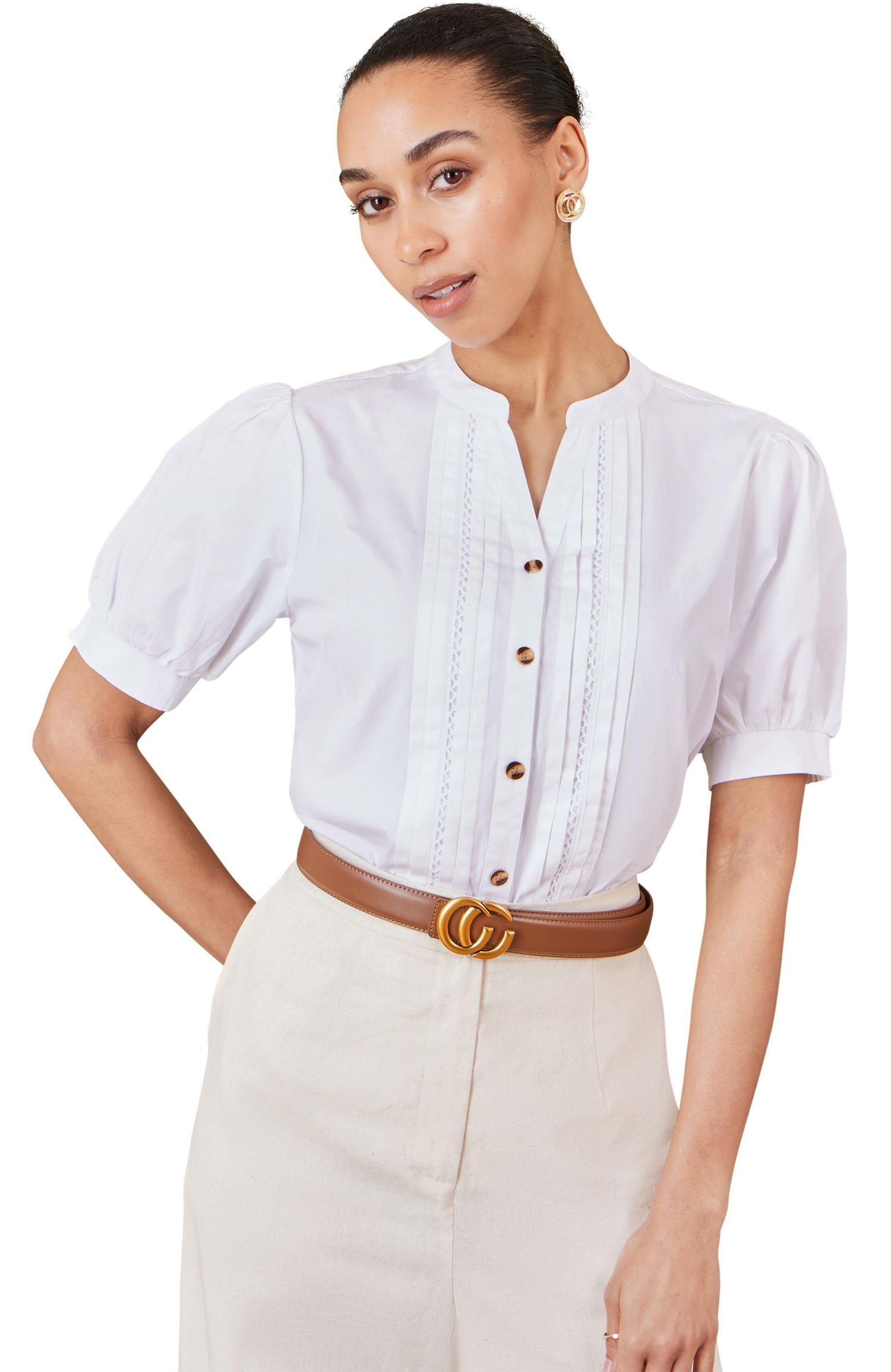 Women's Cotton Pleated Short Sleeve Shirt