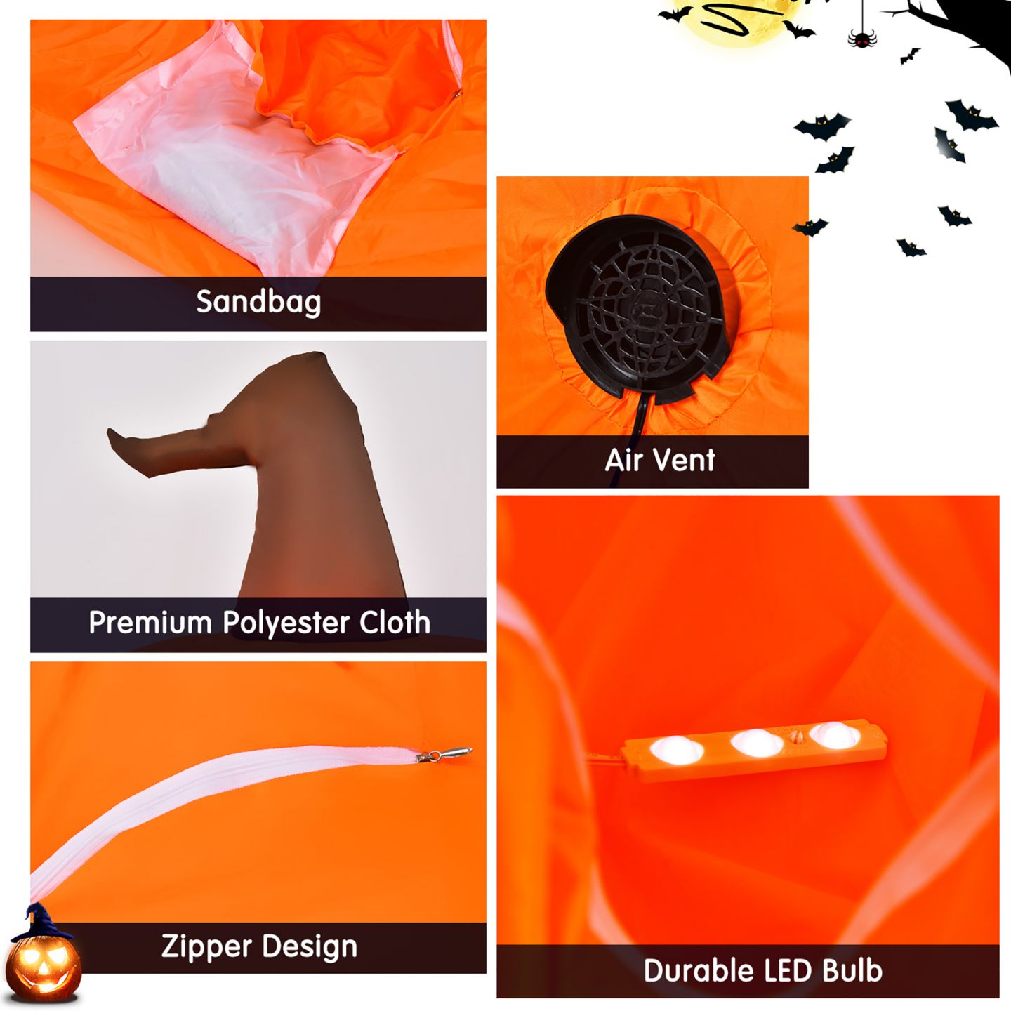 Детская игрушка Costway 4 FT Halloween Inflatable Pumpkin Large Blow up with Build-in LED, цвет: Оранжевый — фото 6