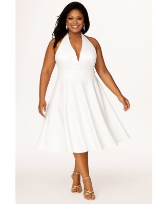 Women's Halter Satin Tea-Length White Dress