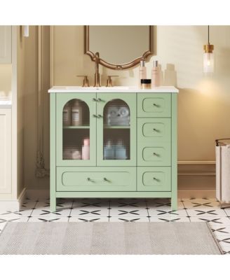 36-Inch Bathroom Cabinet with Waffle Texture Doors, Four Drawers, Two Soft-Close Doors & Glass Storage