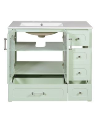 36-Inch Bathroom Cabinet with Waffle Texture Doors, Four Drawers, Two Soft-Close Doors & Glass Storage