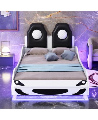 Wood Twin Size Race Car-Shaped Platform Bed with LED and Upholstered Backrest, White