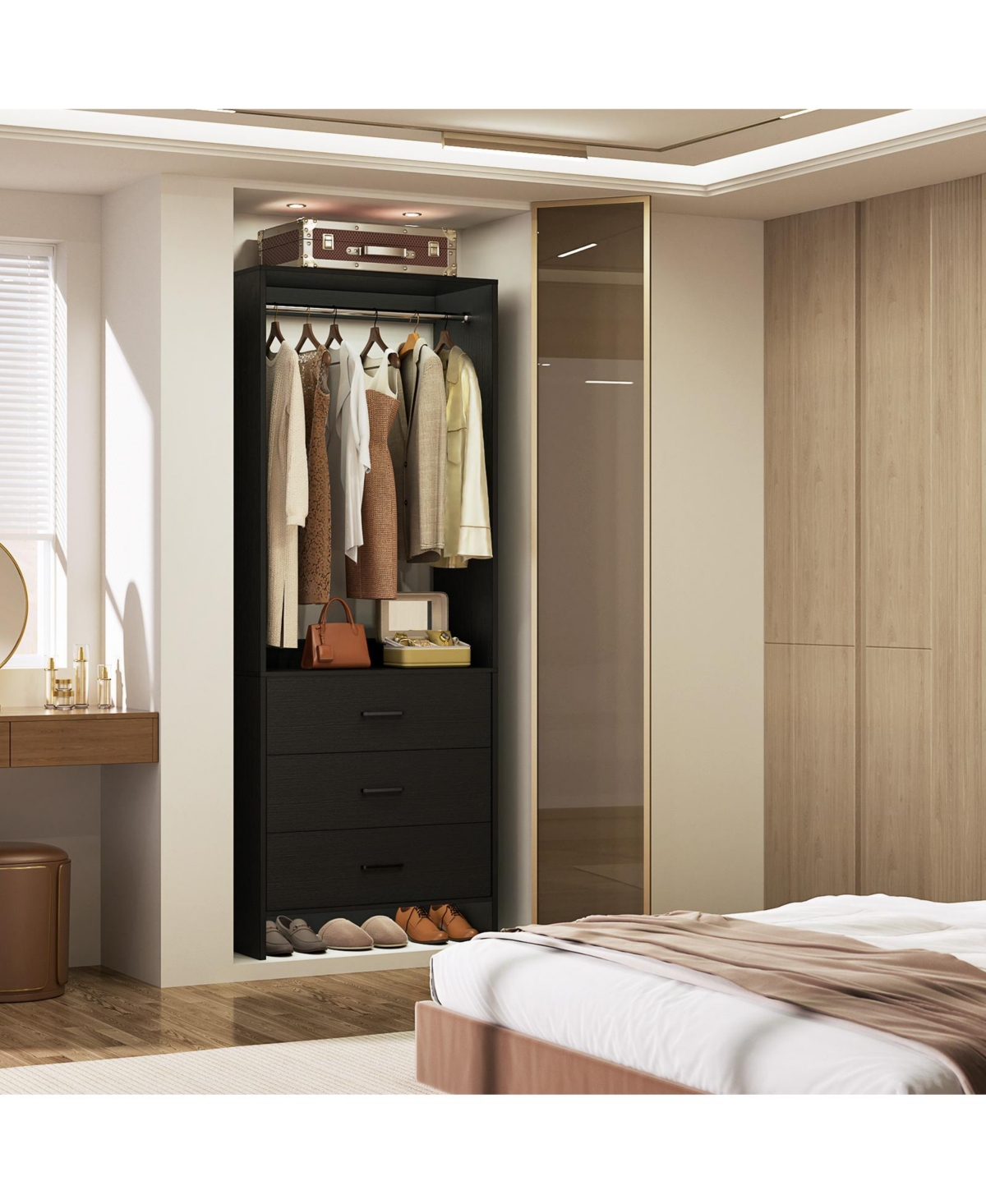 24" Freestanding Closet Organizer System with Hanging Rods and Drawers