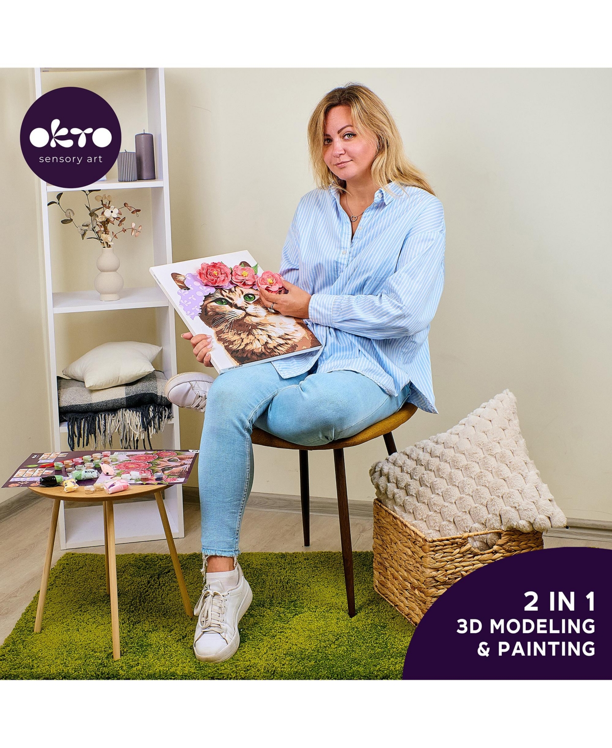 Wise Elk Okto Air-Dry Clay 3D Painting Kit – Kit a Cat in a Flower Crown (11.8 x 15.7 in)