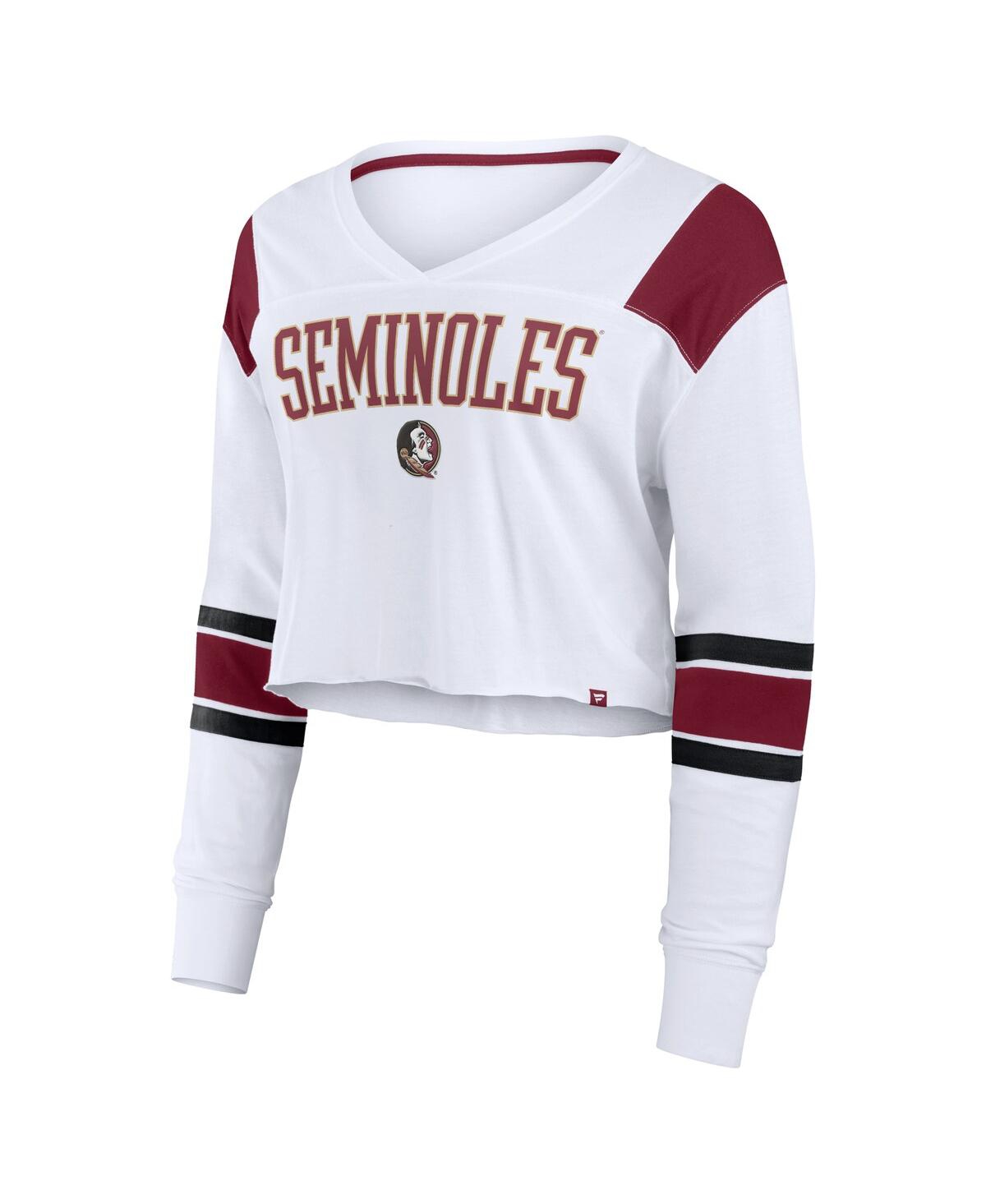 Fanatics Women's White Florida State Seminoles Training Camp Cropped Long Sleeve V-neck Fashion Top In Animal Print