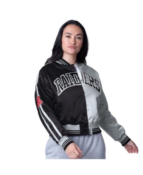 Женские куртки Starter Women's Black/Silver Las Vegas Raiders Zone Blitz Cropped Full-Snap Satin Jacket