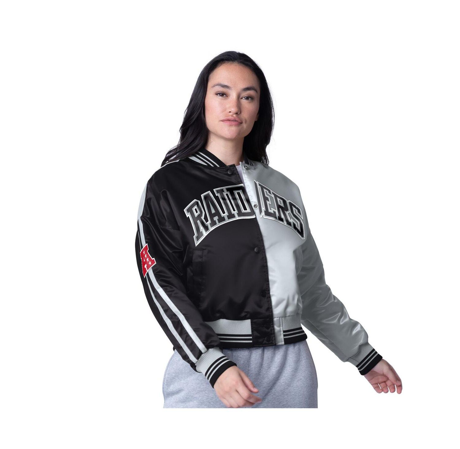 Women's Black/Silver Las Vegas Raiders Zone Blitz Cropped Full-Snap Satin Jacket
