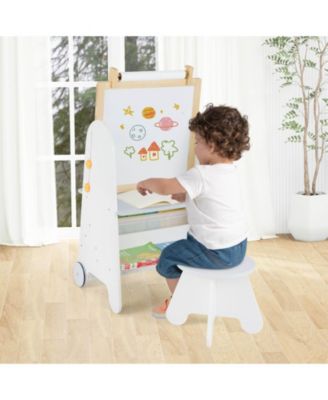 4-in-1 Kids Art Easel with Stool with Magnetic Whiteboard Chalkboard & Paper Roll