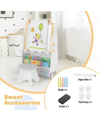 4-in-1 Kids Art Easel with Stool with Magnetic Whiteboard Chalkboard & Paper Roll